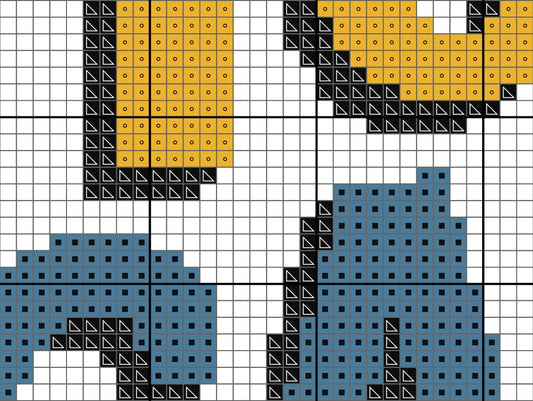 Pixelated design of a cityscape with blue and yellow buildings on a grid background
