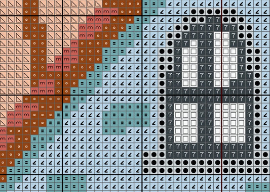 Grid of colored tiles with geometric patterns