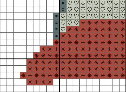 Grid pattern with red and black star shapes and white heart shapes on a white background