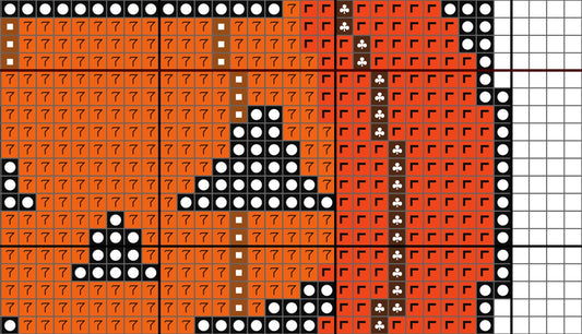 Pixelated pattern of triangles on an orange background with a grid overlay