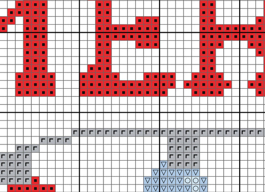 Pixelated text and symbols on a grid background