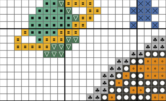 Grid with colored symbols representing different card suits on a white background