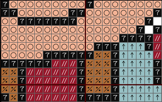 Grid of symbols including '7', arrows, and other shapes on a patterned background.