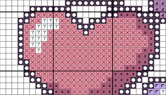 Grid pattern with pink and black shapes on a white background