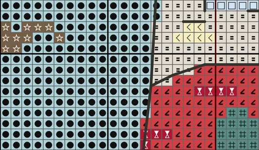 Grid of colored tiles with various patterns on a blue background