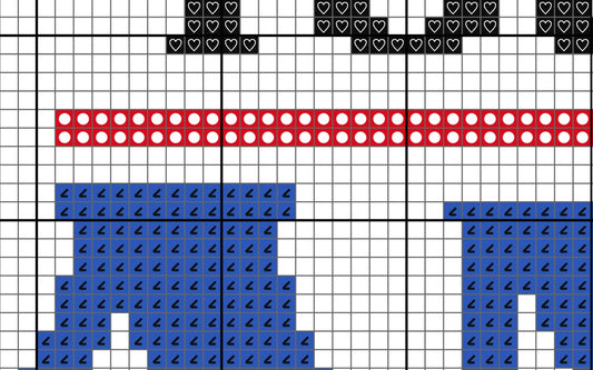 Grid pattern with red, blue, and black shapes on a white background