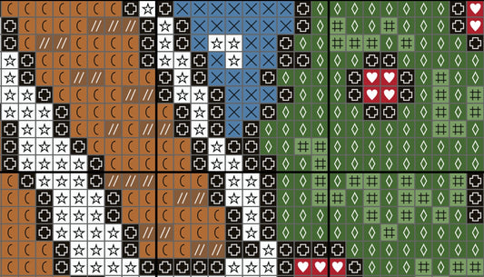 Patterned tiles in brown, blue, and green with star and heart designs.