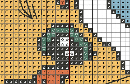 Grid pattern with various shapes and colors on a yellow background