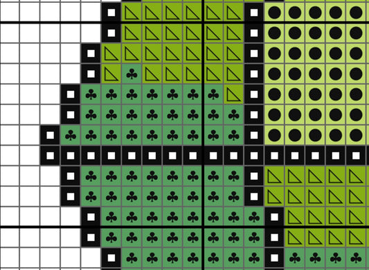 Grid with various shapes and patterns including triangles, circles, and clover-like symbols on a green background.