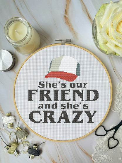 Cross-stitched hoop with text 'She's our FRIEND and she's CRAZY' on a marble surface with decorative items.