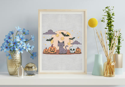 Framed Halloween-themed artwork on a shelf with decorative items.