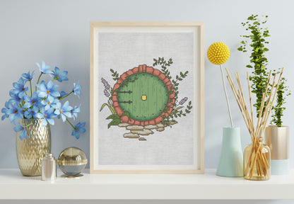 Framed artwork of a circular design with plants on a shelf with decorative items.