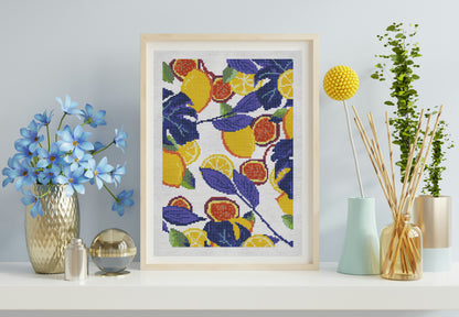 Framed artwork with colorful abstract design on a shelf with decorative items.