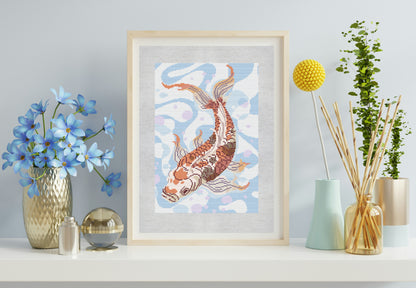 Framed artwork of a koi fish on a wall with decorative vases and plants.