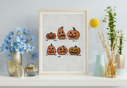 Framed artwork of pumpkins on a wall with decorative vases and plants.
