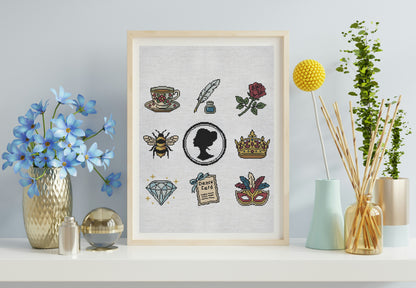 Framed artwork with various decorative elements on a shelf with decorative items.