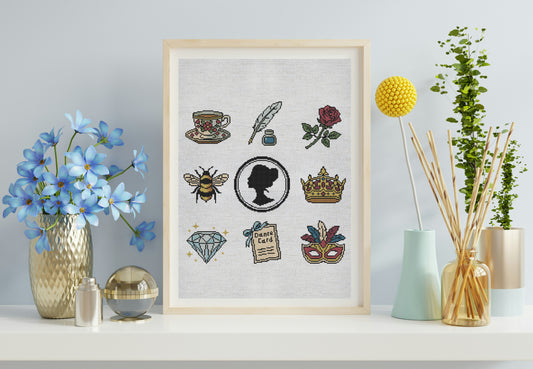 Framed artwork with various decorative elements on a shelf with decorative items.
