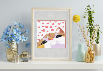 Framed artwork of two cats with hearts on a light gray wall, surrounded by decorative items.