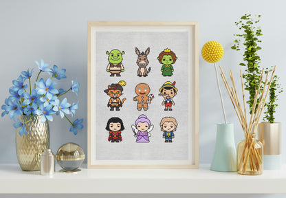Framed artwork with pixel art characters on a shelf with decorative items.