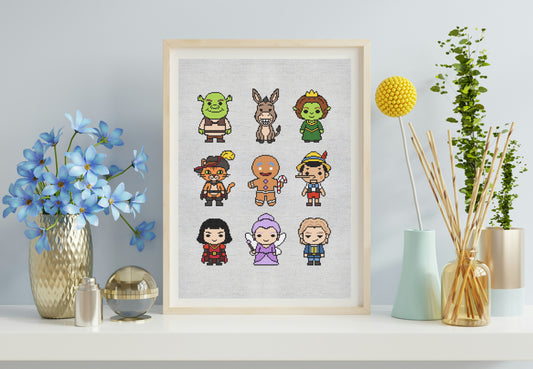 Framed artwork with pixel art characters on a shelf with decorative items.