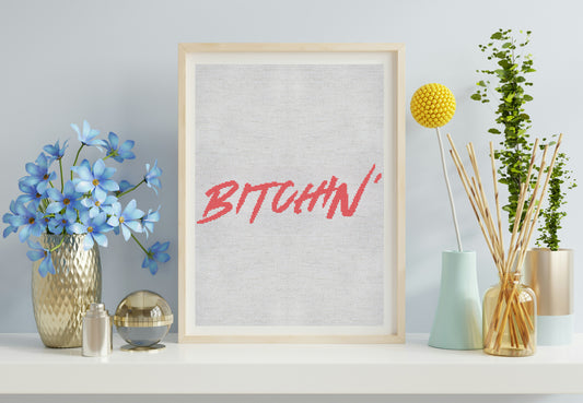 Framed artwork with the word 'BITCHIN'' on a shelf with decorative items.
