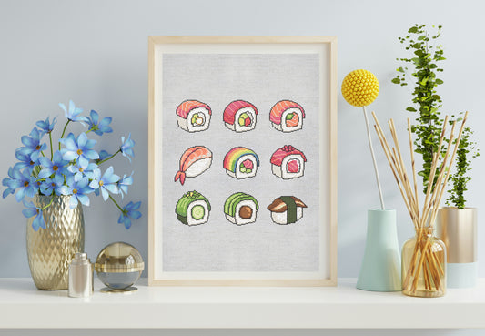 Framed artwork of colorful sushi illustrations on a wall with decorative vases and plants.