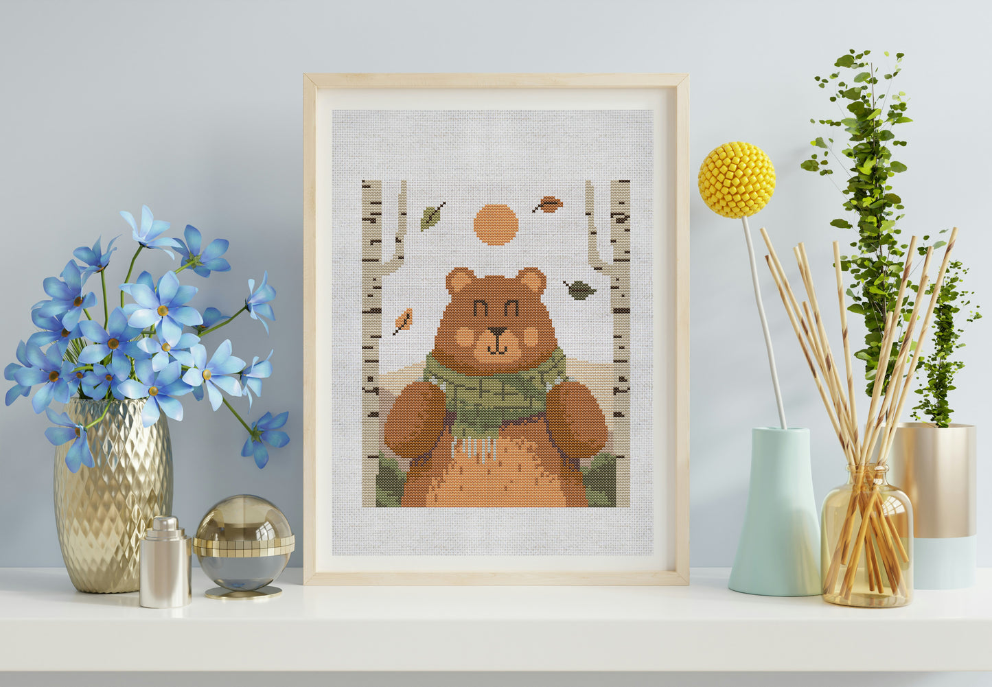 Framed artwork of a bear with decorative vases and plants on a shelf.