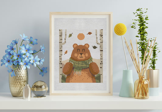 Framed artwork of a bear with decorative vases and plants on a shelf.
