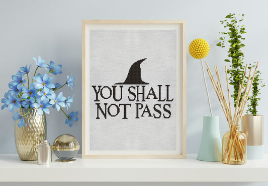 Framed artwork with 'You Shall Not Pass' quote and black witch hat on a light gray wall.