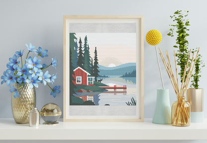 Framed artwork of a cabin by a lake with decorative items on a shelf.
