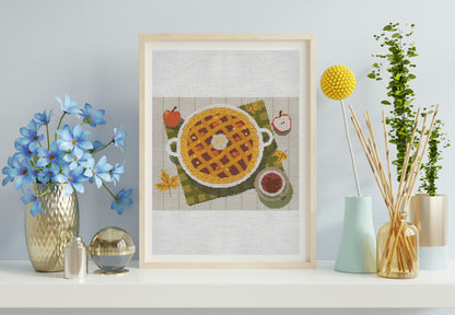 Framed artwork of a pie on a table with decorative items