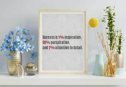 Framed motivational quote on a wall with decorative items including flowers and vases.
