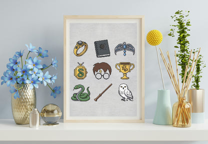 Framed artwork with Harry Potter-themed icons on a shelf with decorative items.