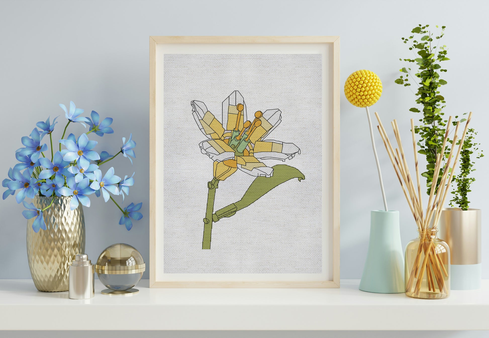 Framed floral artwork on a wall with decorative vases and plants.