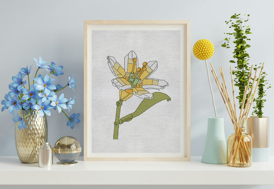 Framed floral artwork on a wall with decorative vases and plants.