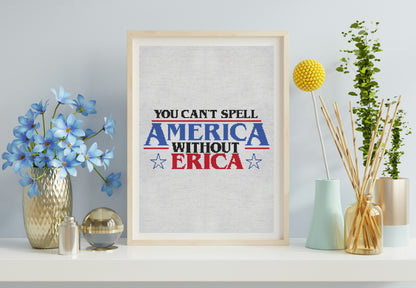 Framed print with 'You can't spell America without Erica' text on a shelf with decorative items.