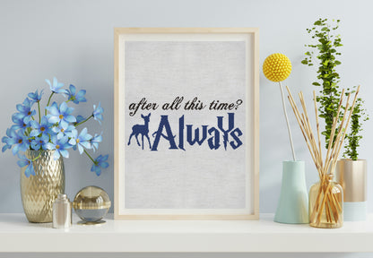 Framed print with 'After all this time? Always' text on a shelf with decorative items.