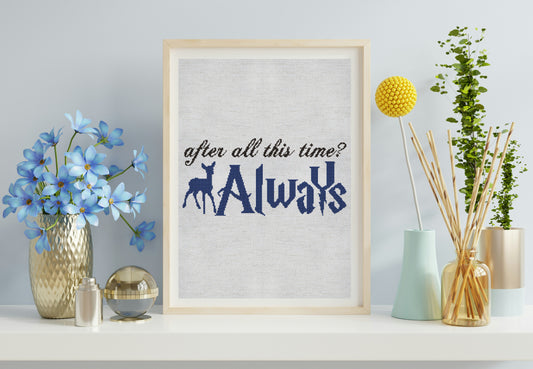 Framed print with 'After all this time? Always' text on a shelf with decorative items.