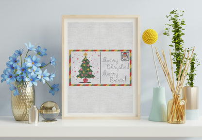 Framed Christmas card with decorative plants and vases on a table
