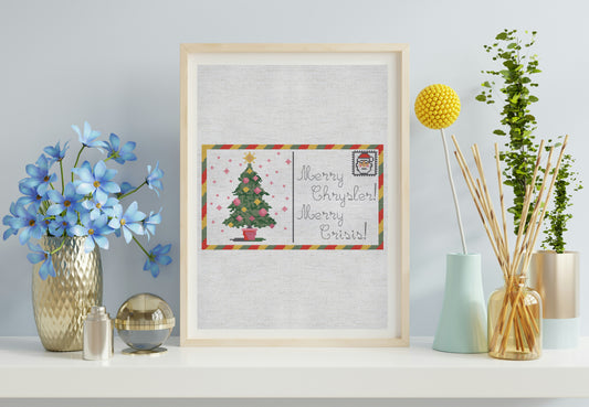Framed Christmas card with decorative plants and vases on a table