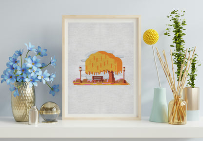 Framed artwork of a tree with a bench on a wall with decorative vases and plants.