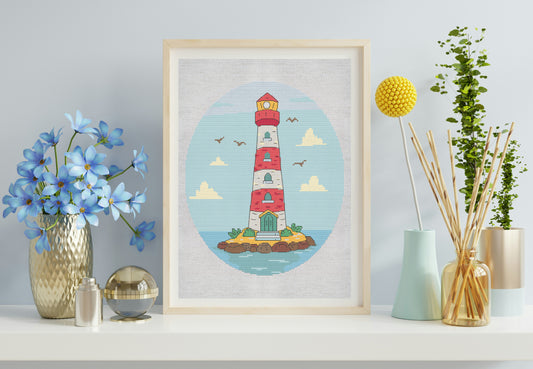 Framed artwork of a lighthouse on a wall with decorative items.