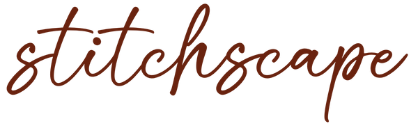 Stitchscape logo in brown cursive font on a white background
