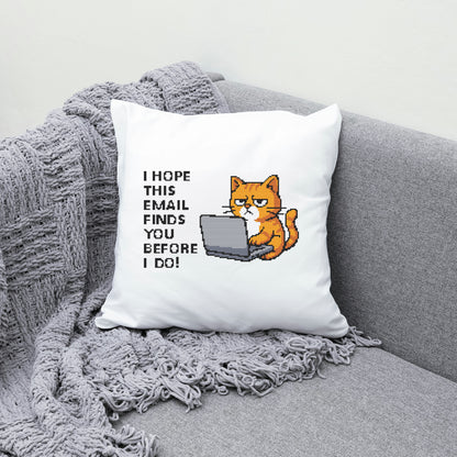 Pillow with a cat illustration and text on a gray couch