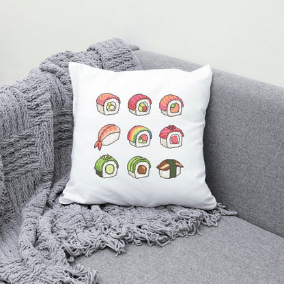 White pillow with colorful sushi illustrations on a gray couch