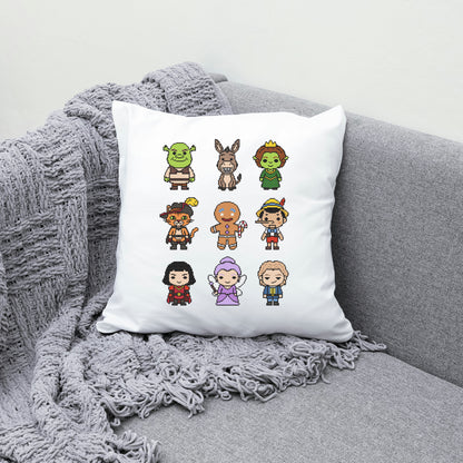 White pillow with cartoon character designs on a gray couch