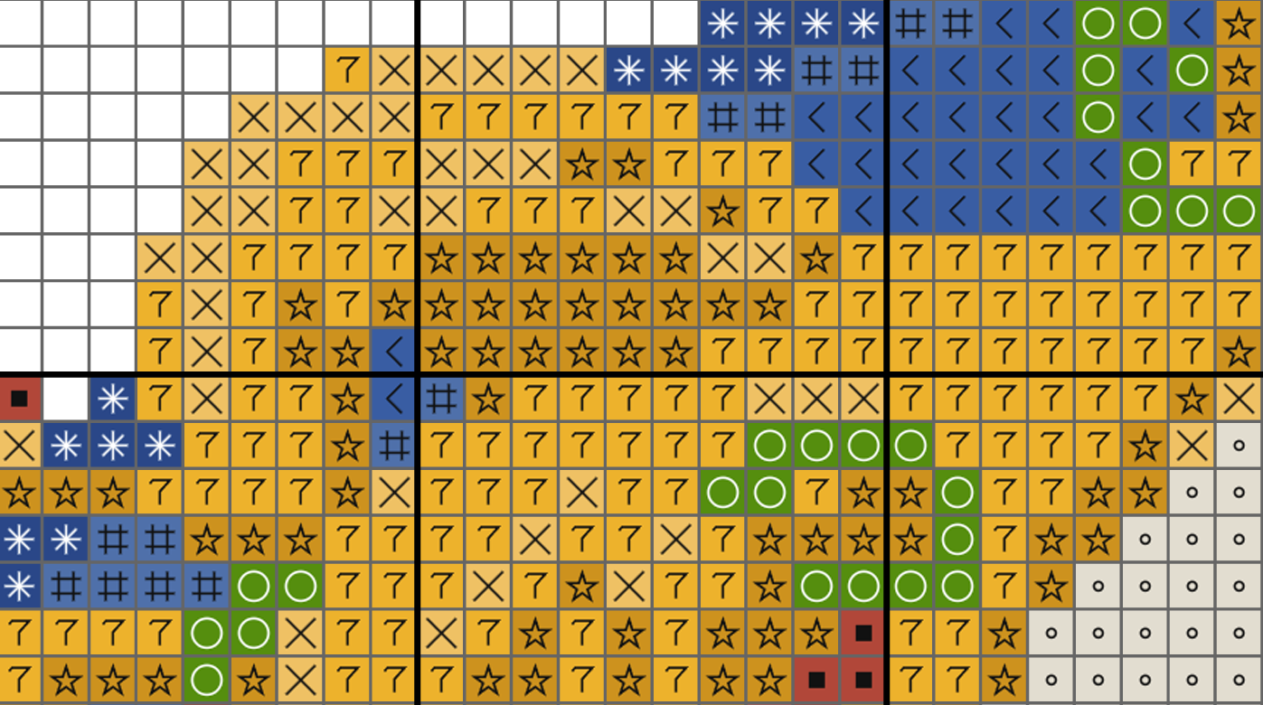 Grid of symbols including stars, numbers, and arrows on a grid background