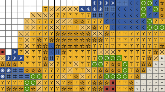 Grid of symbols including stars, numbers, and arrows on a grid background