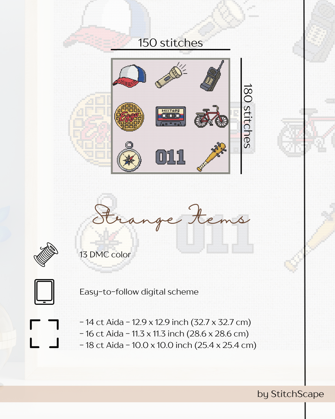Product packaging for 'Strange Items' with embroidery designs and specifications.