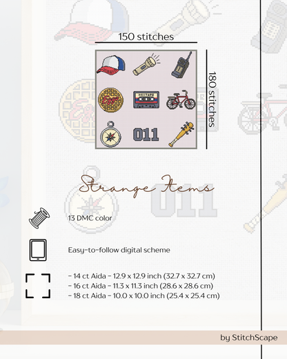 Product packaging for 'Strange Items' with embroidery designs and specifications.